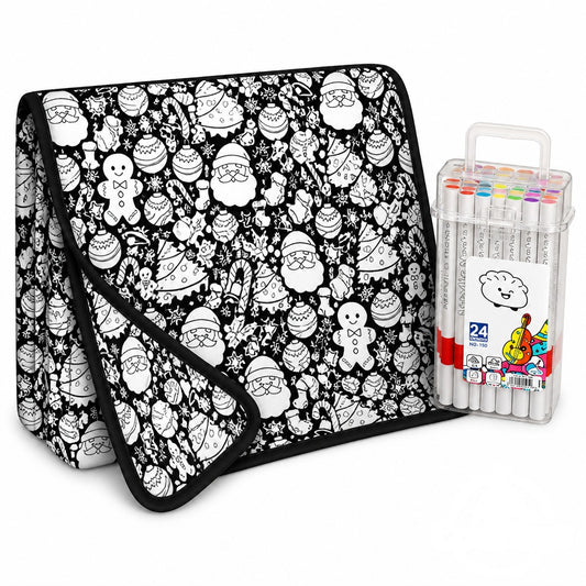 Christmas Coloring Blanket with 24 Fabric Markers – Color-In Fleece Throw Family Gift - front view