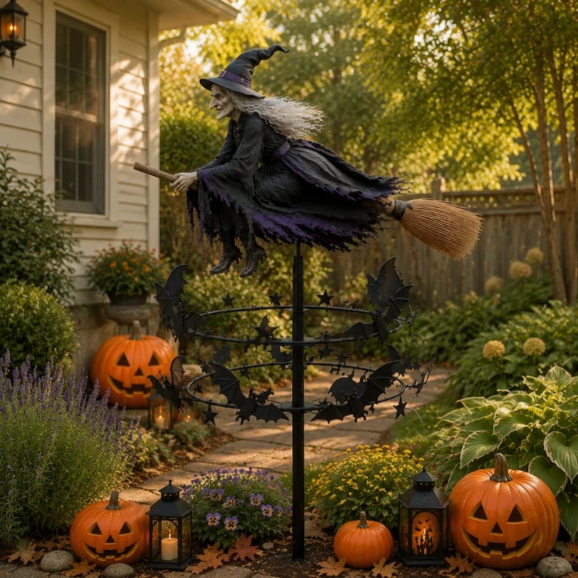 Enchanted Witch Garden Wind Spinner - Flying Witch & Bats - view 6