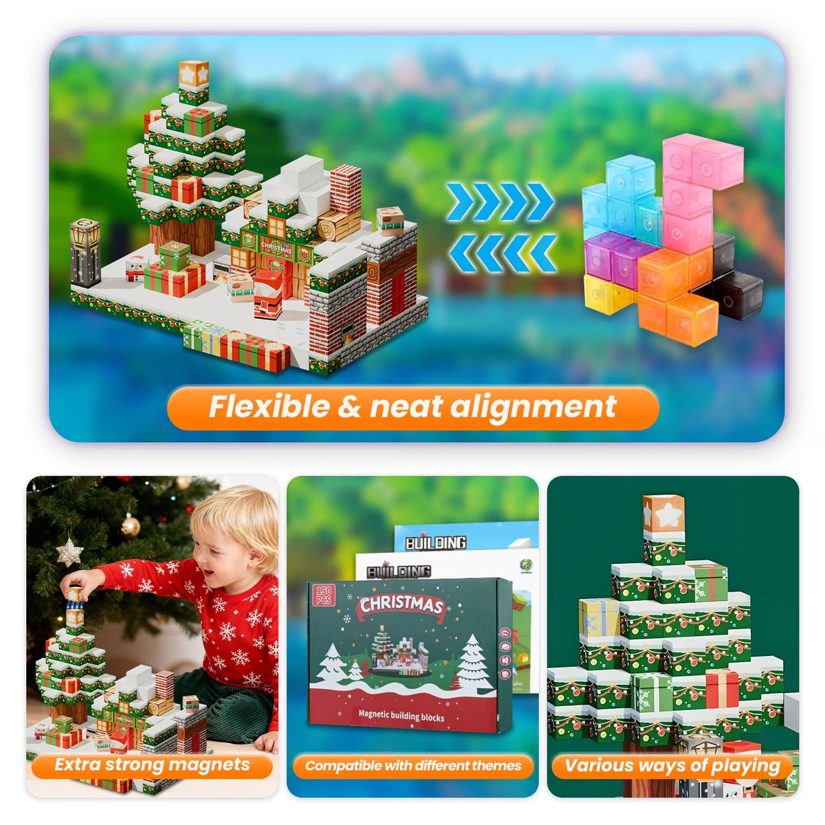 Ways to build the Christmas Magnetic Cube set: extra-strong magnets, compatible with different themes, various ways of playing