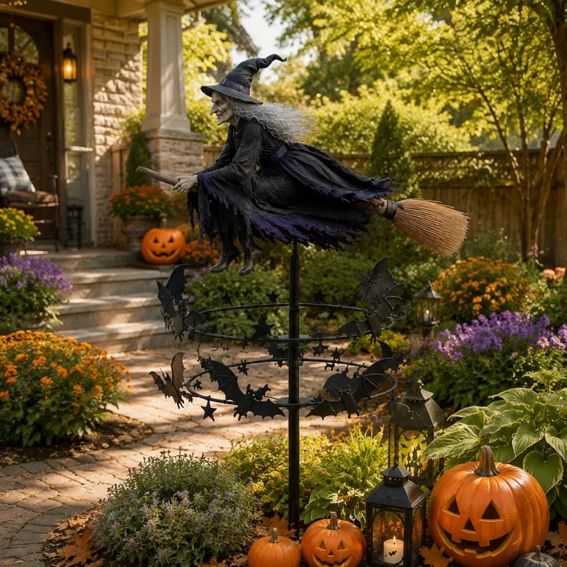 Enchanted Witch Garden Wind Spinner - Flying Witch & Bats - front view