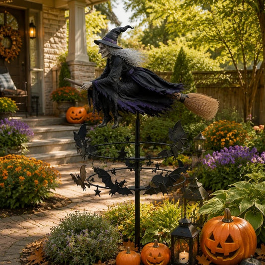 Enchanted Witch Garden Wind Spinner - Flying Witch & Bats - front view