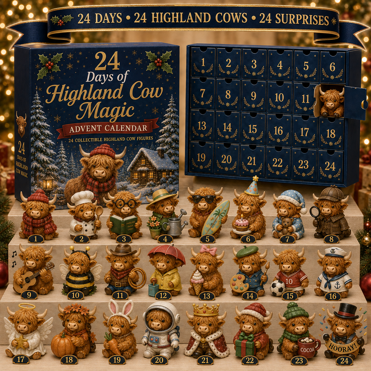 24 Days of Highland Cow Advent Calendar - 24 Collectible Cow Figures - front view