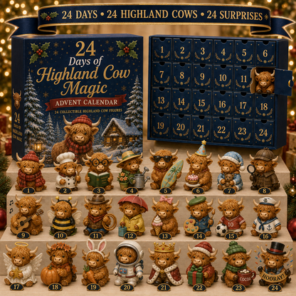 24 Days of Highland Cow Advent Calendar - 24 Collectible Cow Figures - front view