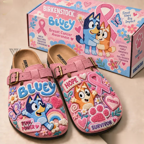 Bluey Pink Ribbon Breast Cancer Awareness Clogs – Hope & Strength Slip-On Clogs - front view