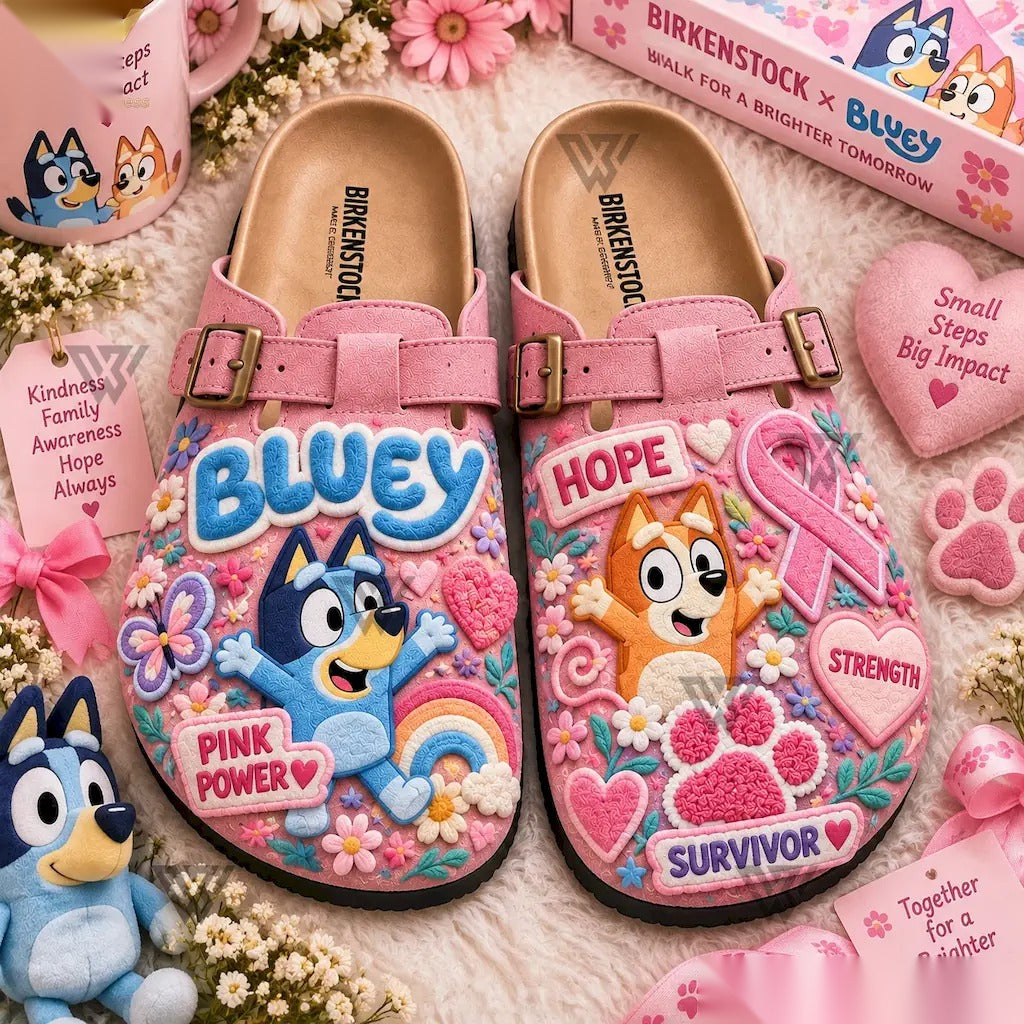 Bluey and Bingo pink ribbon clogs flat lay with flowers and hearts
