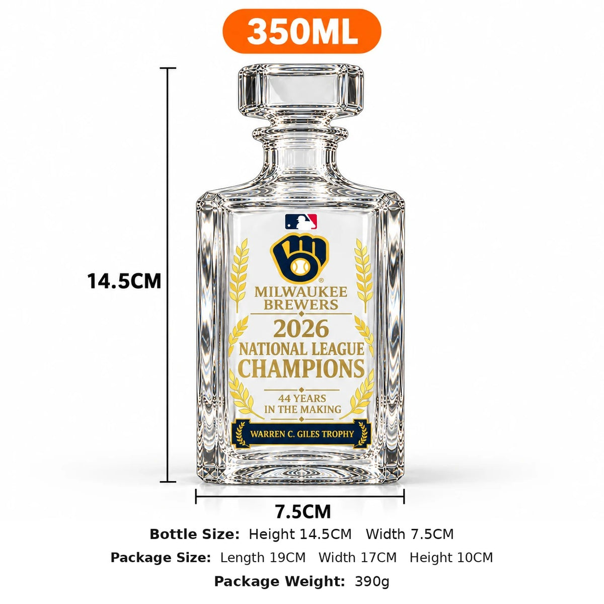 Brewers NL Champions decanter 350 ml size: 14.5 cm tall, 7.5 cm wide