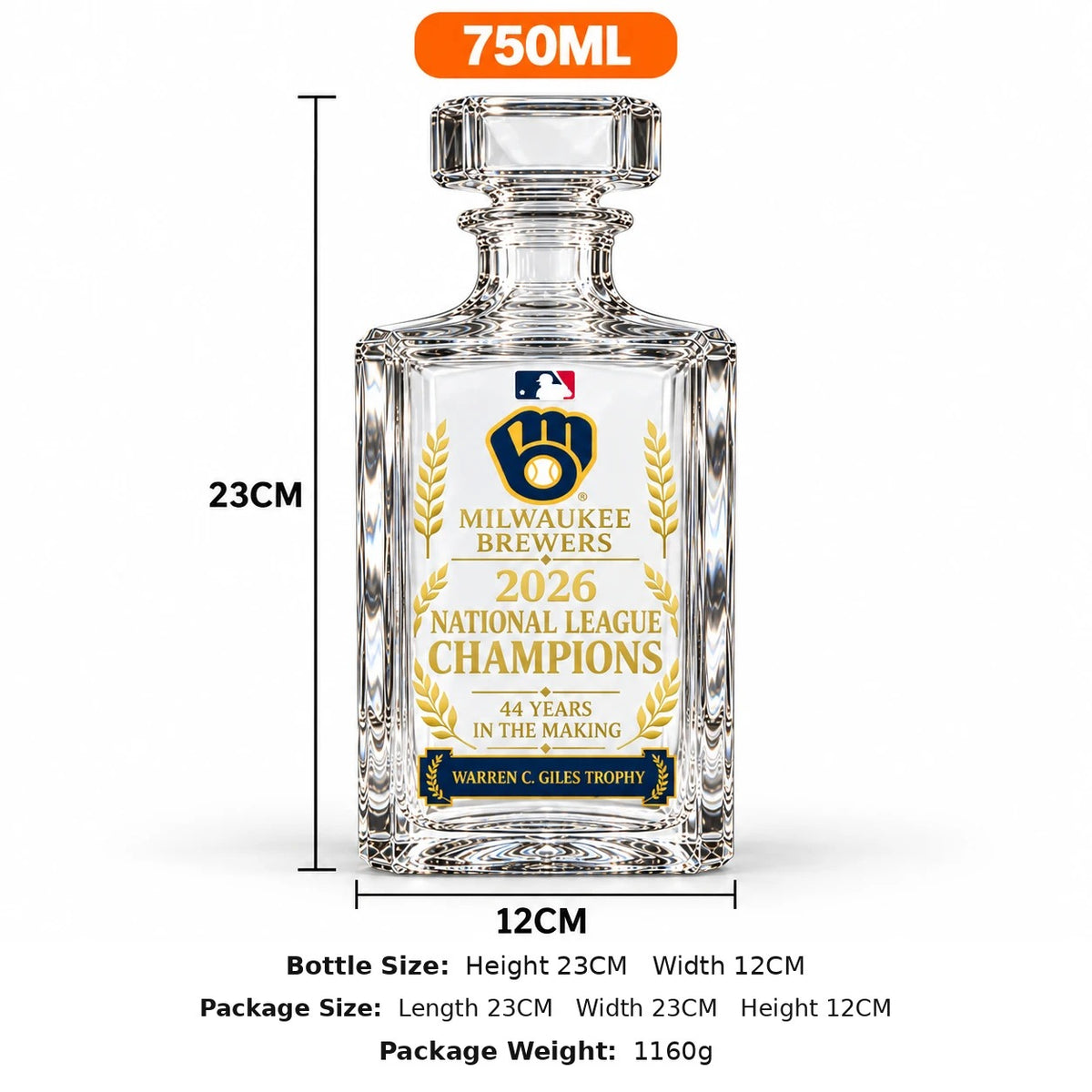 Brewers NL Champions decanter 750 ml size: 23 cm tall, 12 cm wide