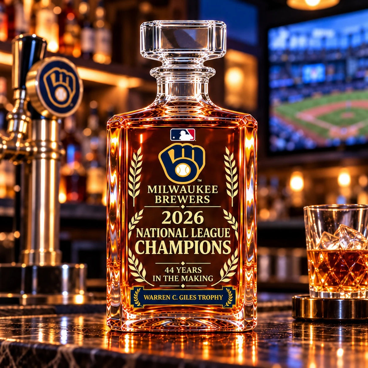 Brewers 2026 NL Champions decanter on display for game night