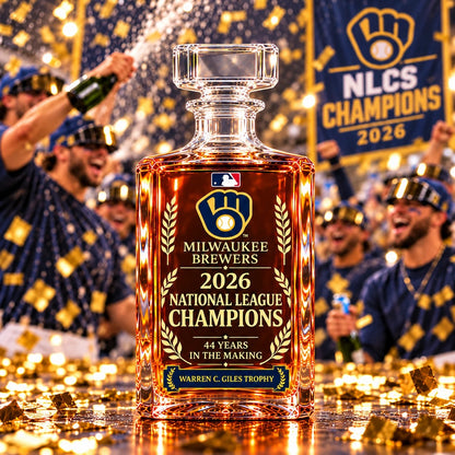Brewers 2026 NL Champions decanter with gold confetti celebration
