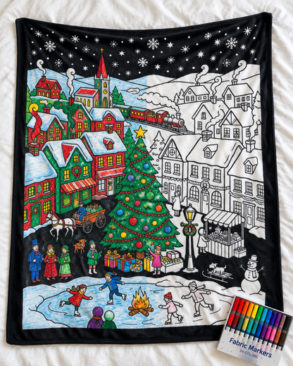 Christmas Village coloring blanket half colored in