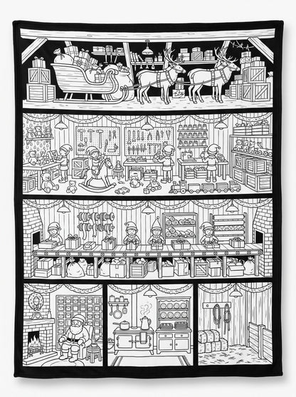 Santa's Workshop coloring blanket laid flat