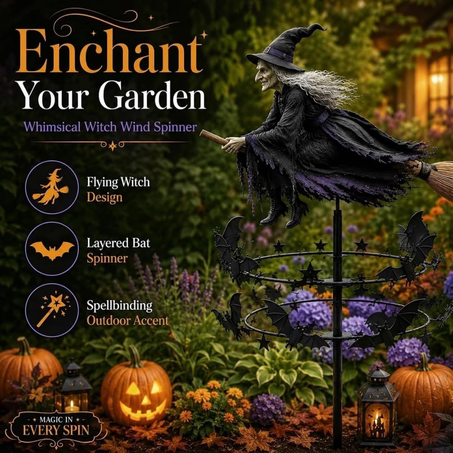 Enchanted Witch Garden Wind Spinner - Flying Witch & Bats - view 5