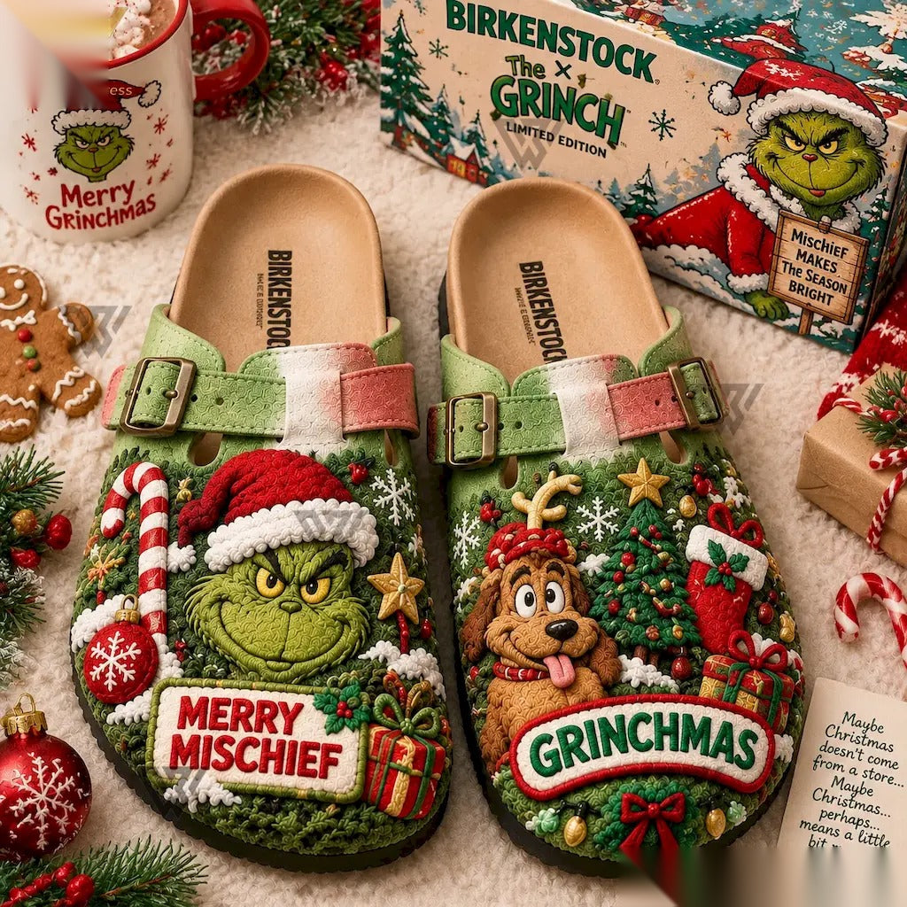 Grinch Christmas clogs flat lay with cocoa, gingerbread and candy canes