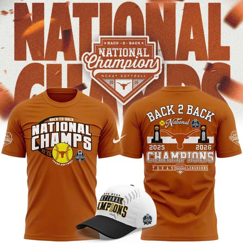 Texas Longhorns 2026 Softball National Champs Back To Back T-Shirt - front view