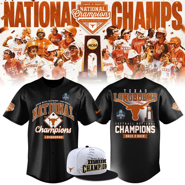 Texas Longhorns Black 2026 Softball National Champions Locker Room Baseball Jersey - front view