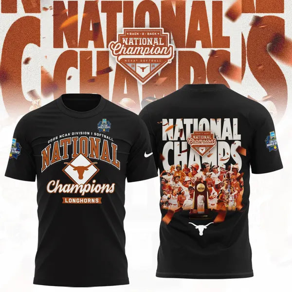 Limited Edition Texas Longhorns 2026 NCAA Softball Women’s College World Series Back To Back Champions Shirt - Black - front view
