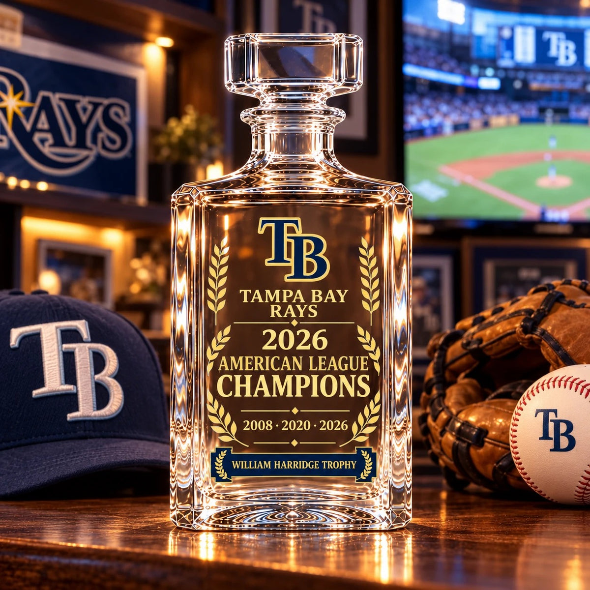 Rays 2026 AL Champions decanter in a fan cave with a TB cap, glove and baseball