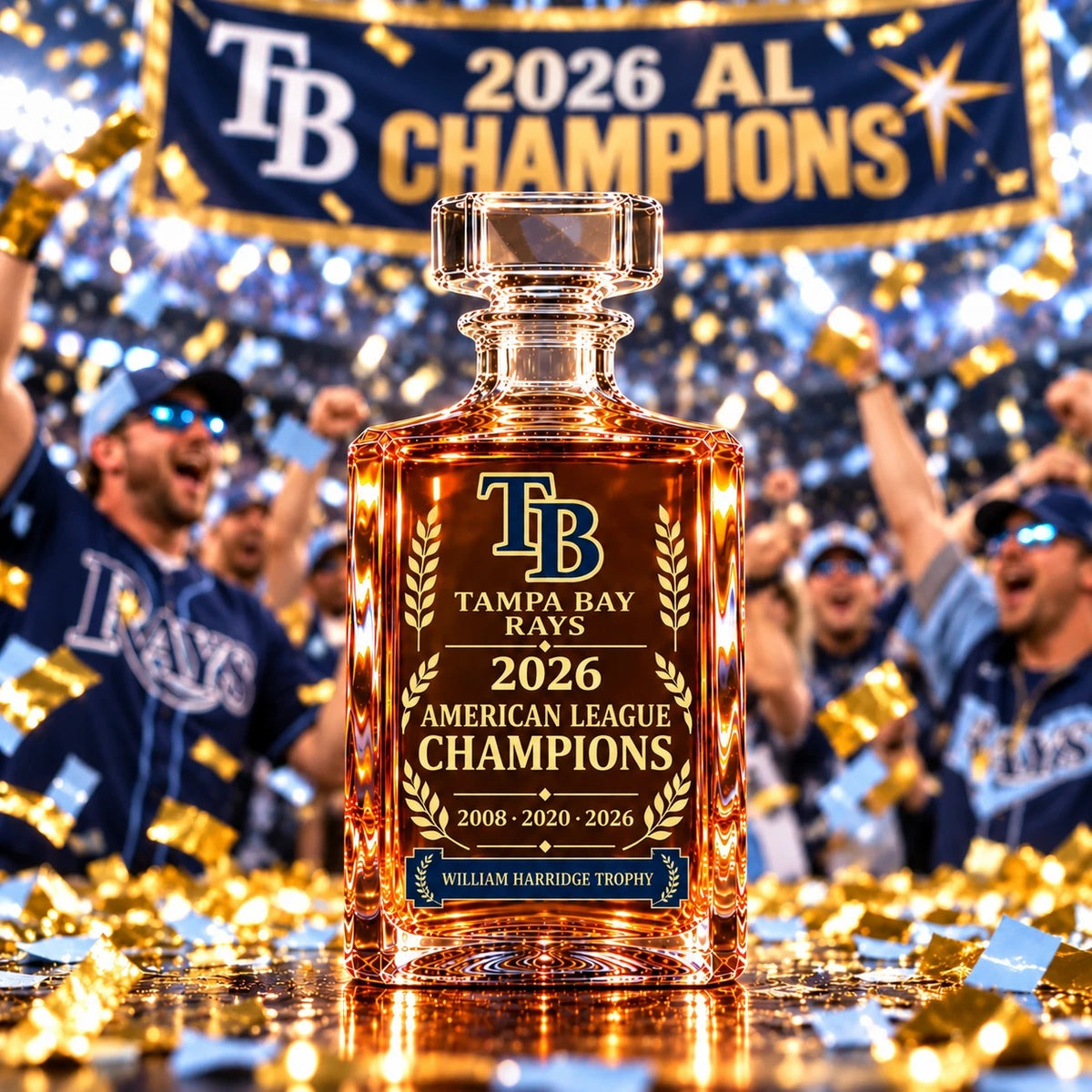 Rays 2026 AL Champions decanter with confetti and an AL Champions banner
