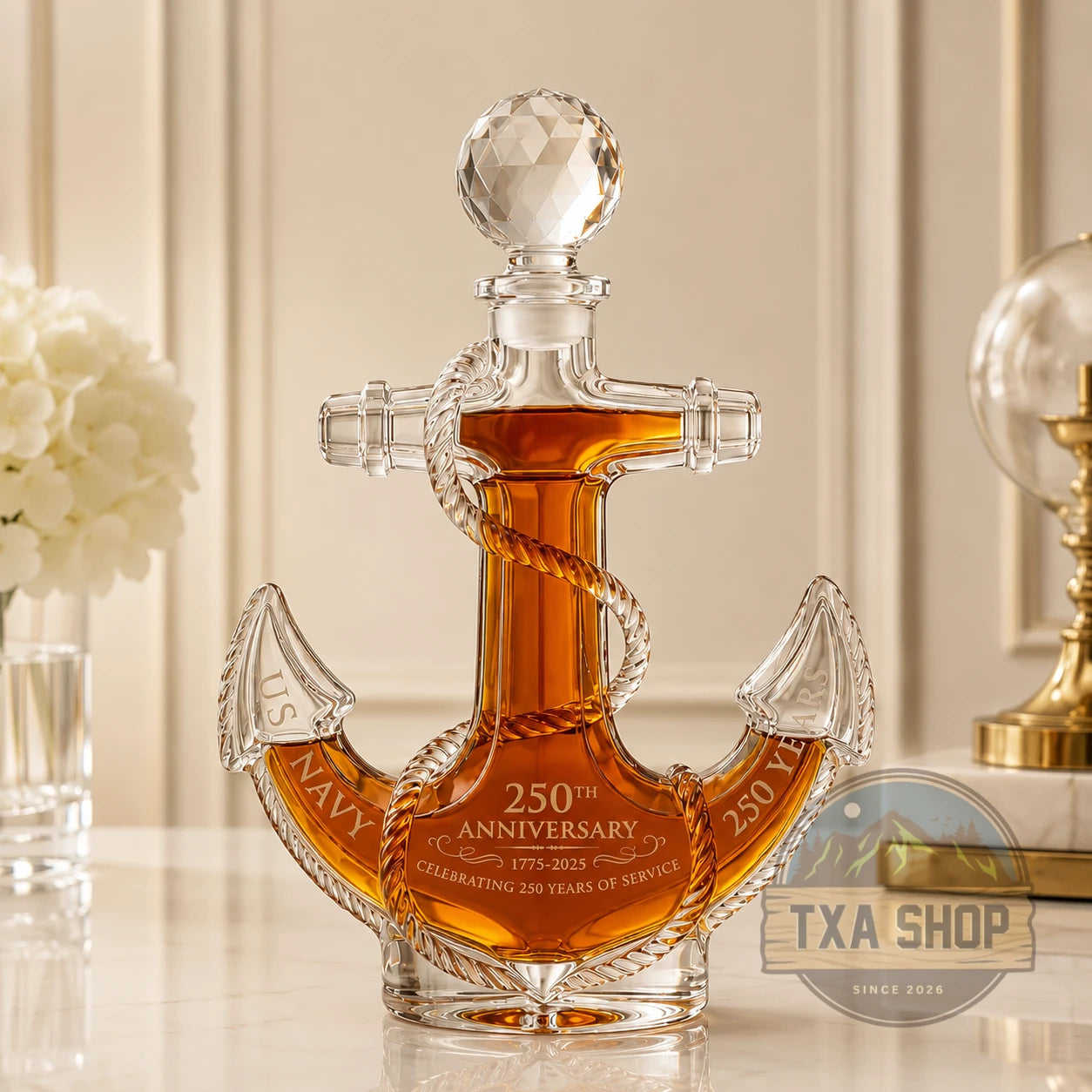 US Navy 250th Anniversary Anchor Decanter - front view