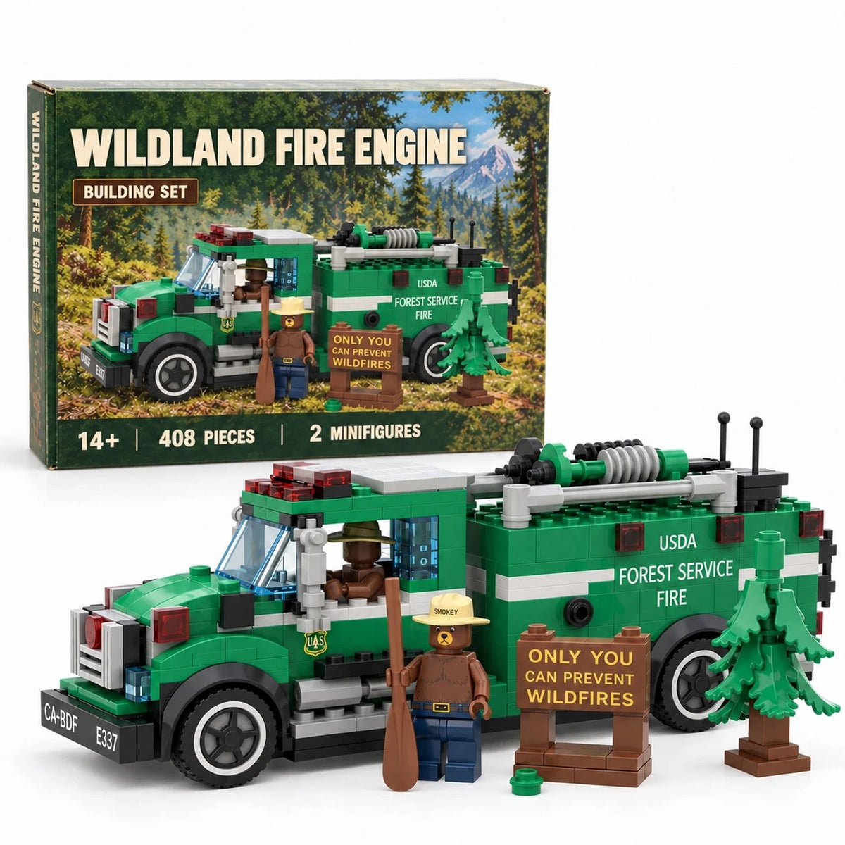Wildland Fire Engine Building Set - fire truck, 2 minifigures, sign, pine tree and box